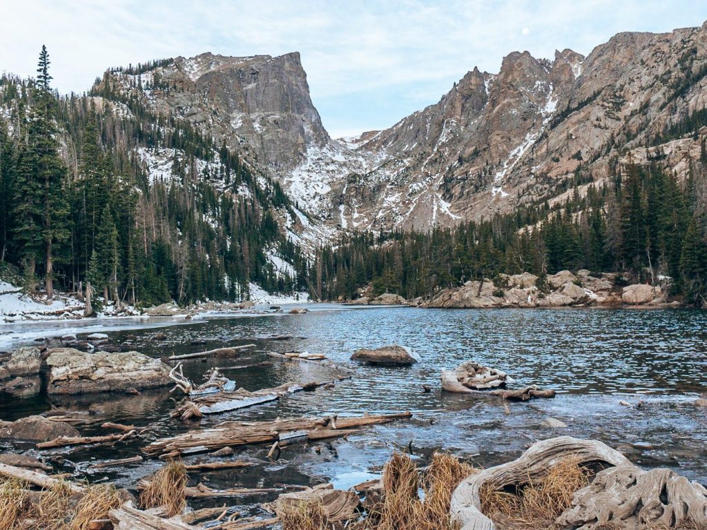 Flattop Mountain and Hallett Peak at Dream Lake in Rocky Mountain National Park