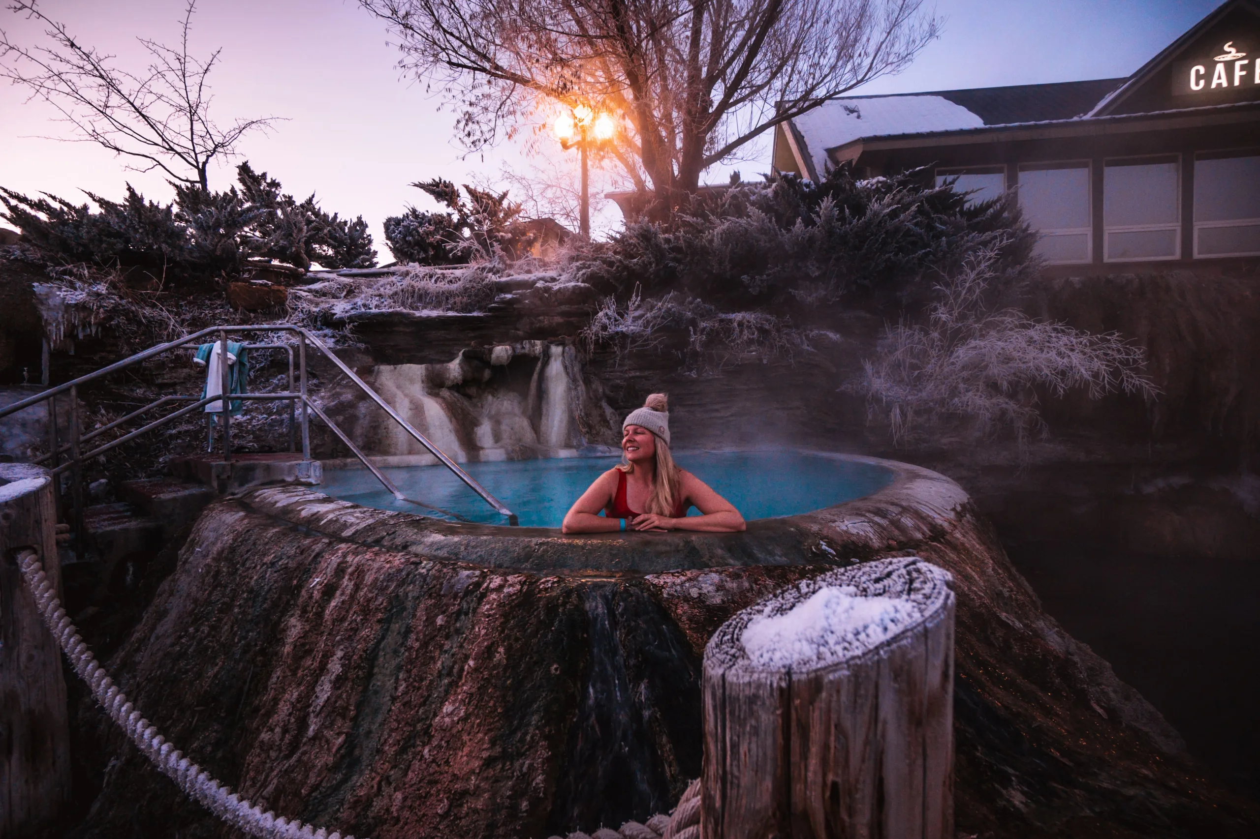 Sarah soaks in The Cliffs pool at Pagosa Springs Hot Springs Resort